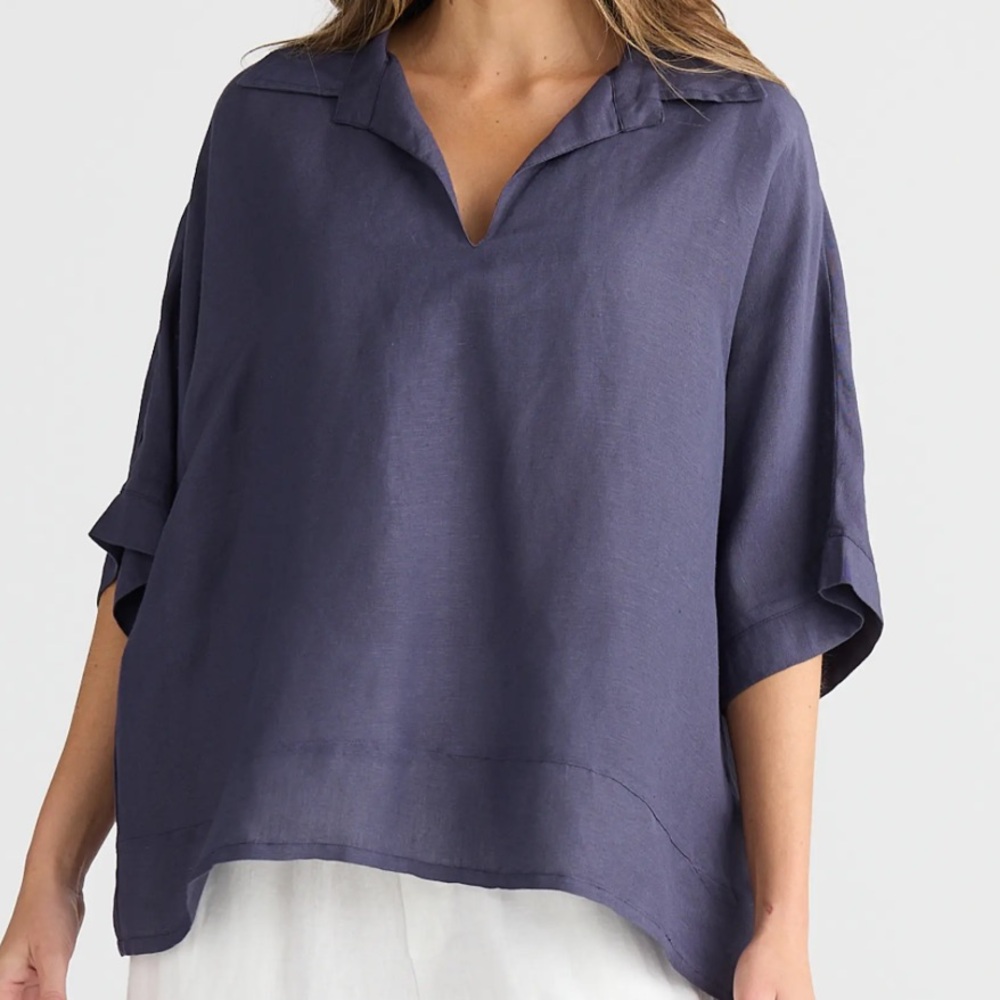 JM Italian Washed Blue Linen Popover Blouse Easy Breezy Summer Minimalist Top L